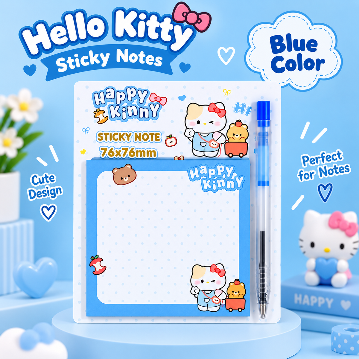 Cute Kitty Sticky Notes with Pen – 76x76mm