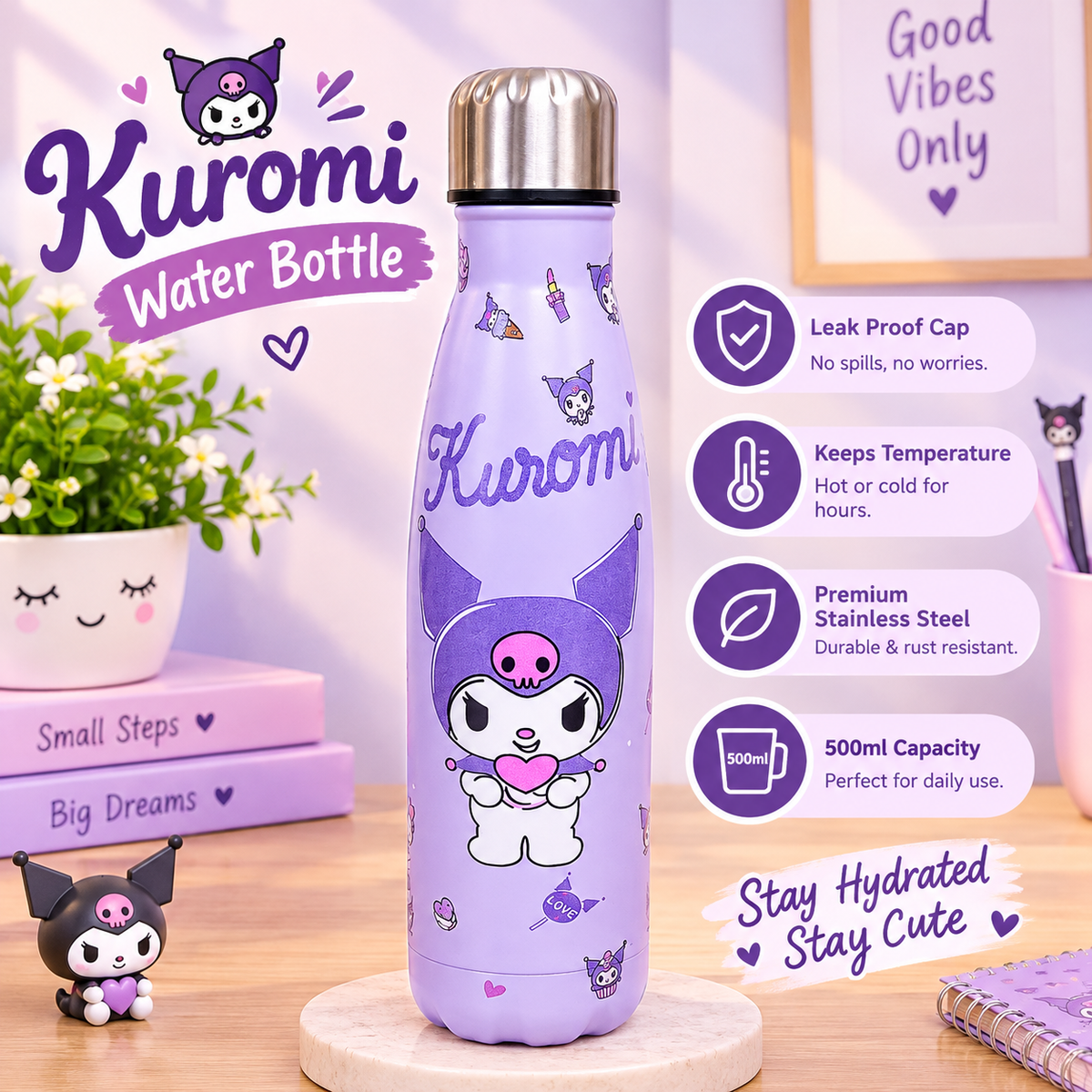 Kuromi Lavender Stainless Steel Water Bottle – 500ml