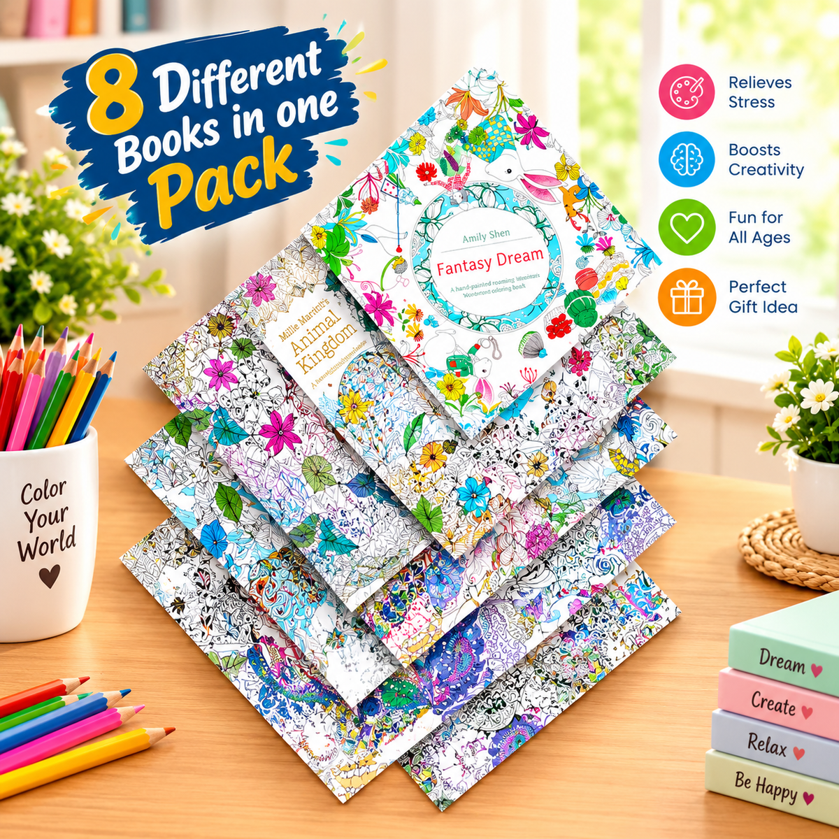 8 Different Adult Coloring Books Pack