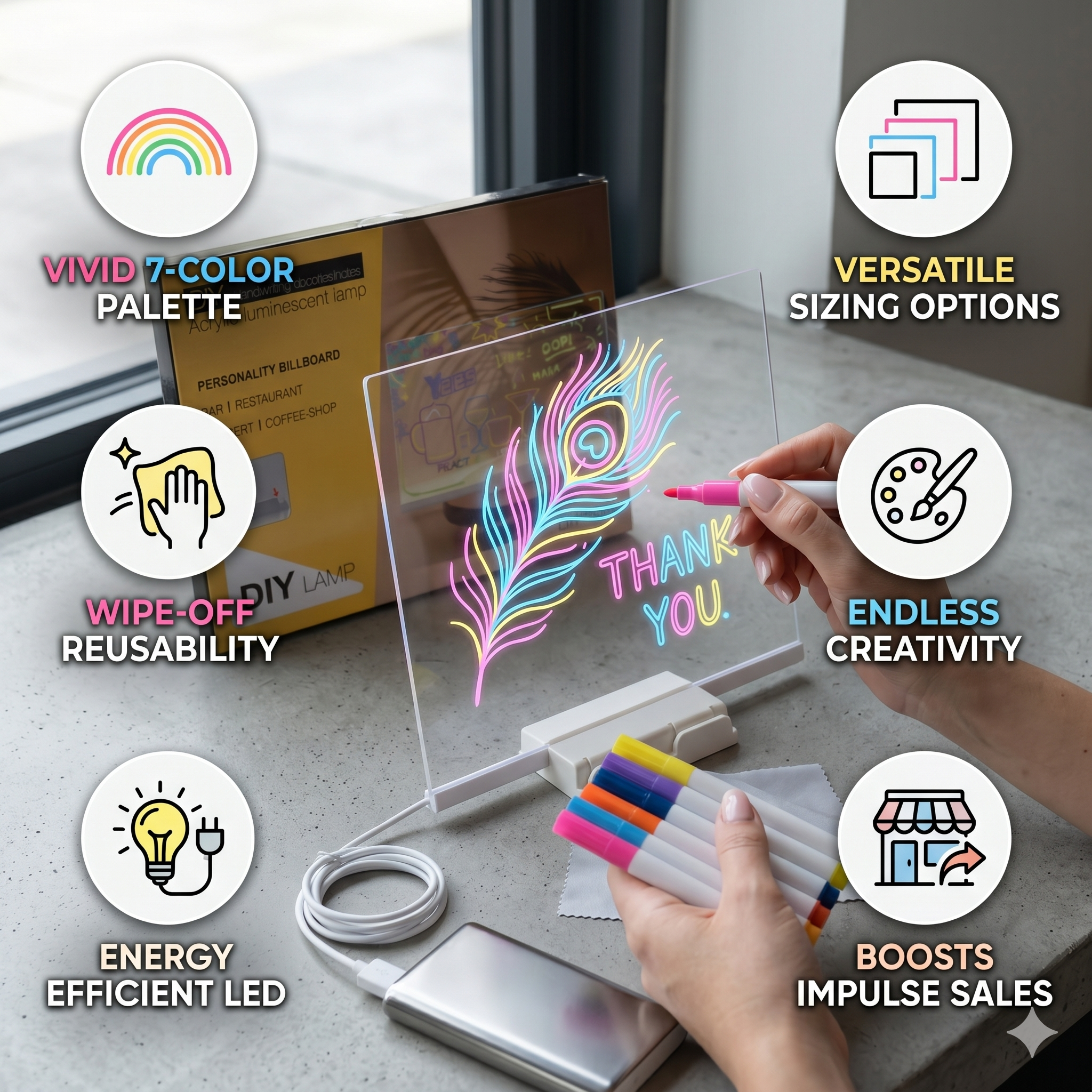 DIY LED Writing Board – Colorful Acrylic Note Pad with Stand & Reusable Pens