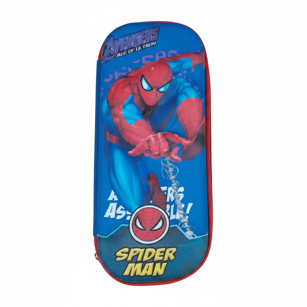 A blue zippered pencil case featuring a Spider-Man graphic, with 'Avengers: Age of Ultron' and 'Spider-Man' text, placed on a light wood surface.