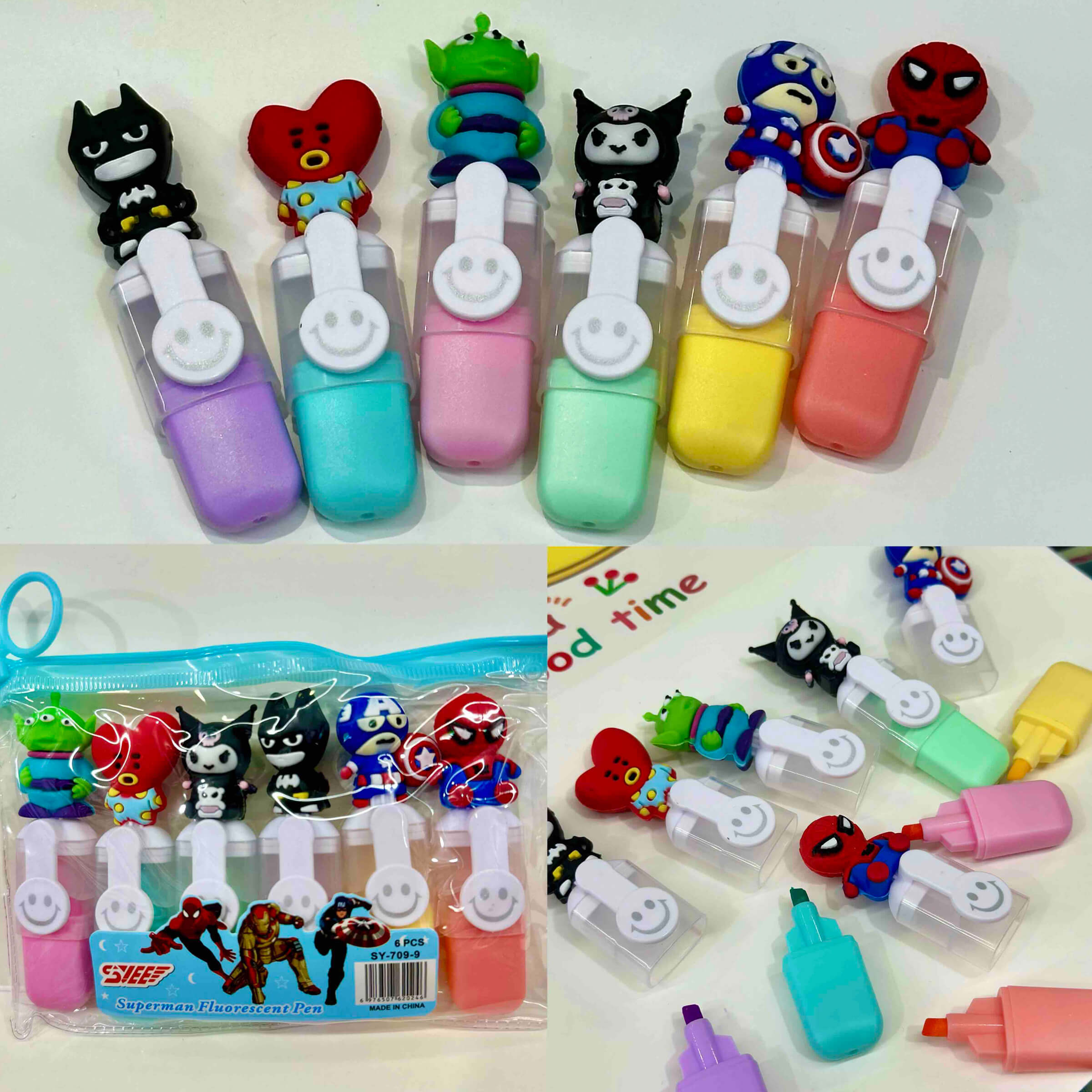 Fluorescent Mini Highlighter Set - Cartoon Character Pack of 6