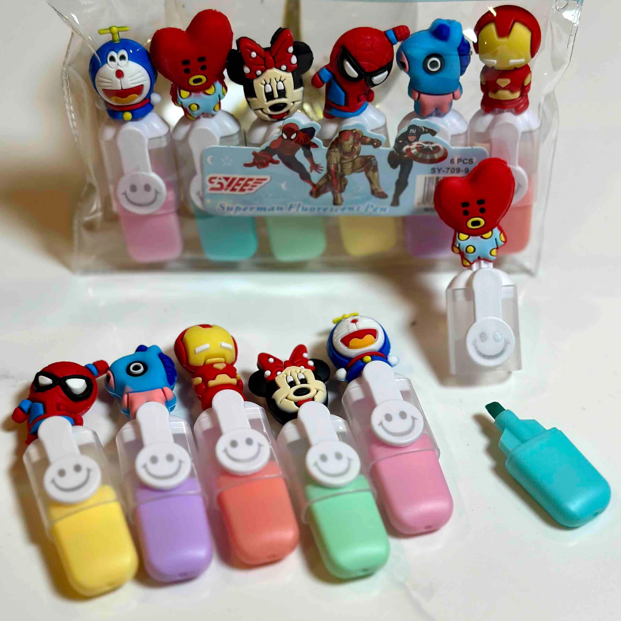Fluorescent Mini Highlighter Set - Cartoon Character Pack of 6