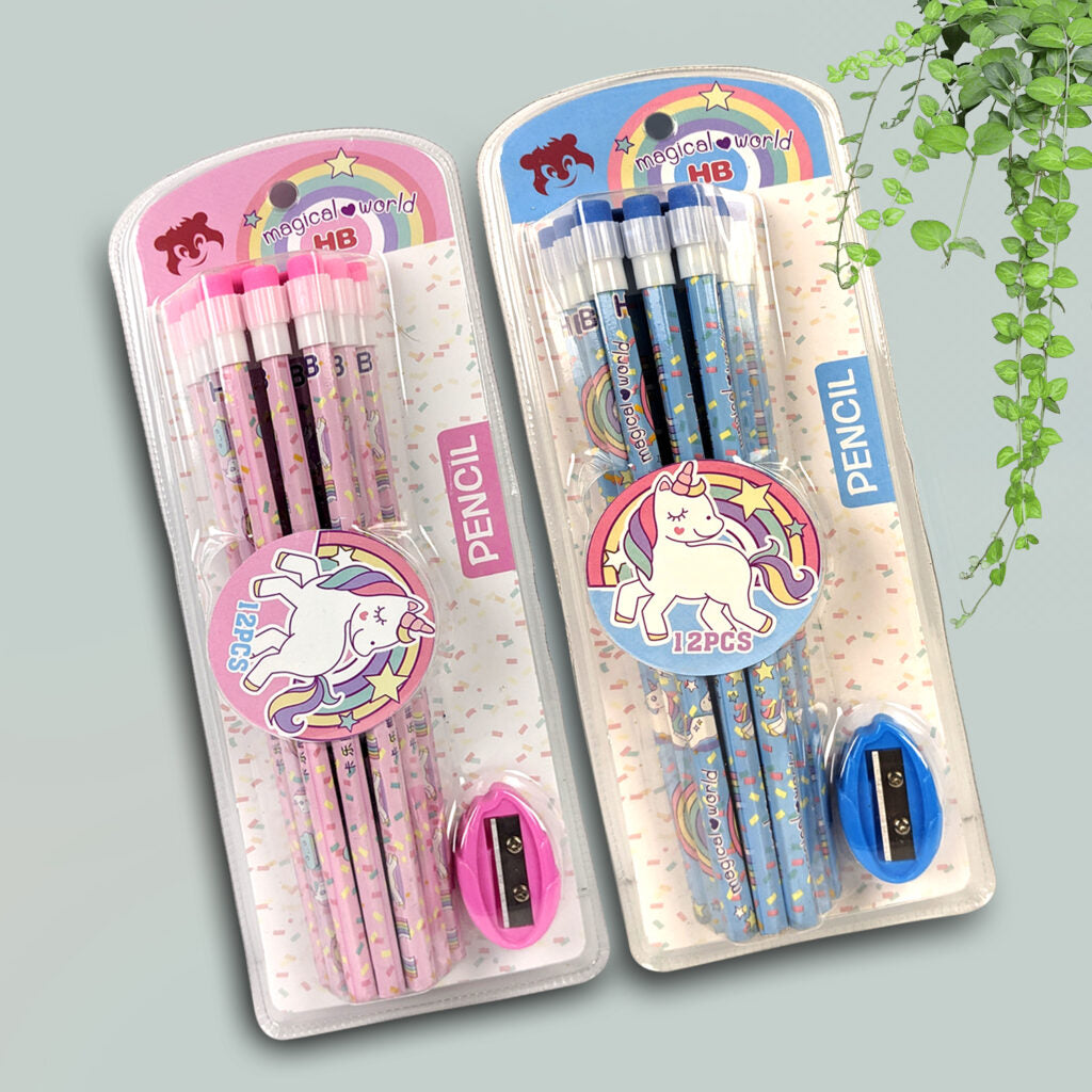 Unicorn Writing Pencils Pack of 12 with Eraser and Sharpeners