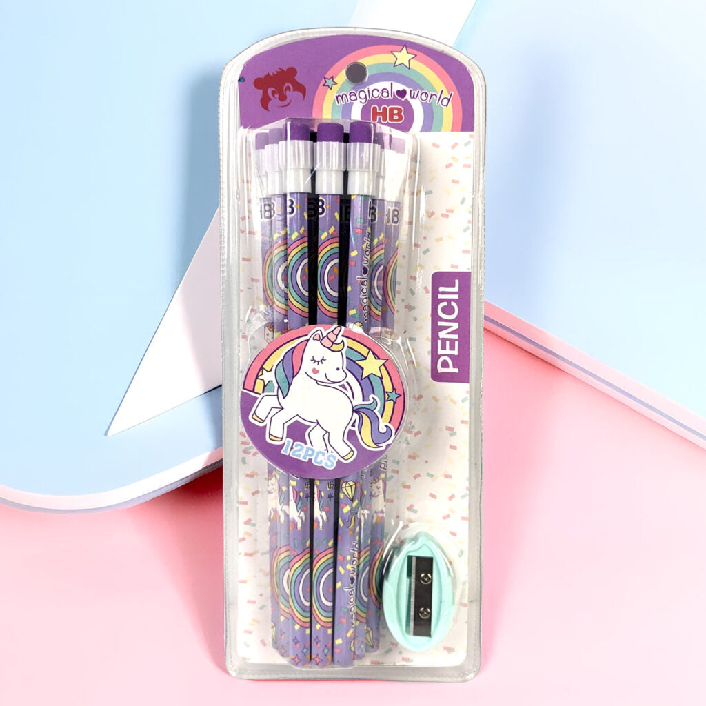 Unicorn Writing Pencils Pack of 12 with Eraser and Sharpeners