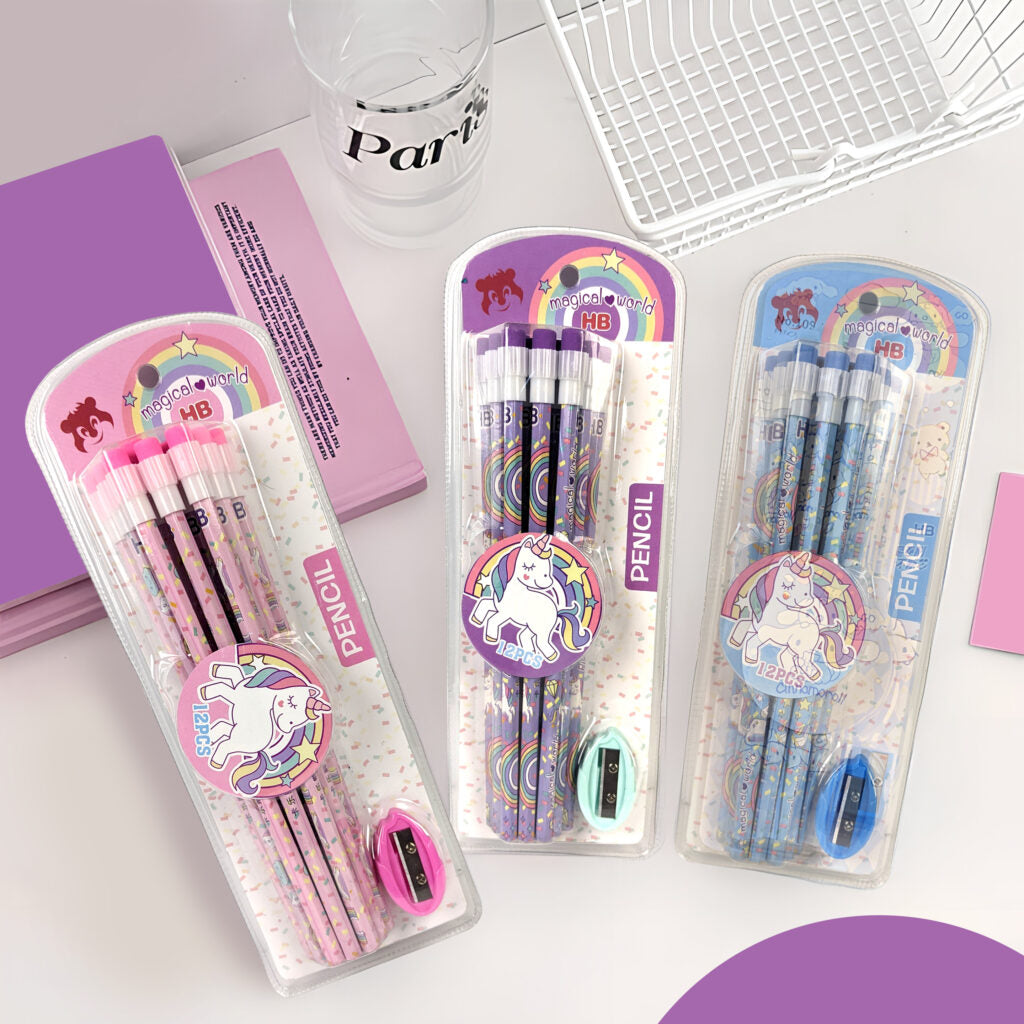Unicorn Writing Pencils Pack of 12 with Eraser and Sharpeners