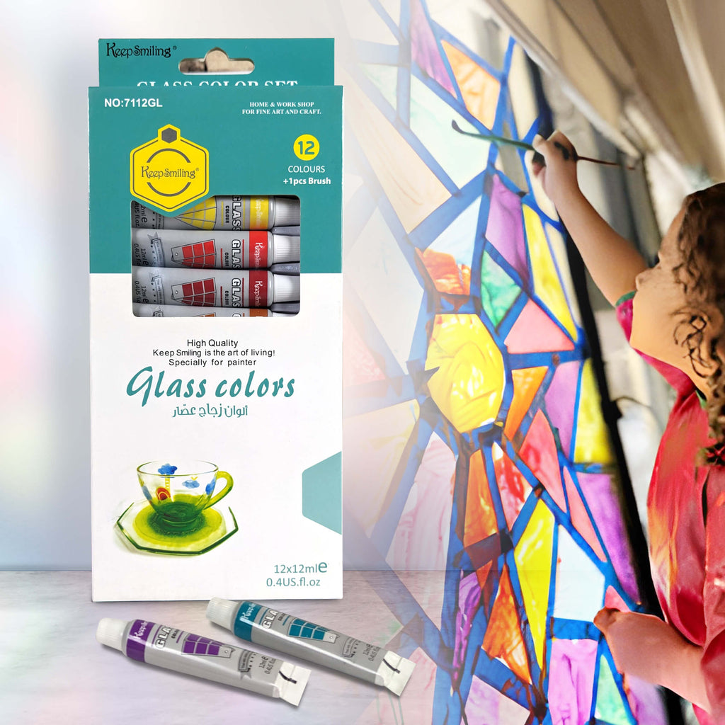 Keep Smiling Glass Color Set of 12 Colors with 1 Paint Brush