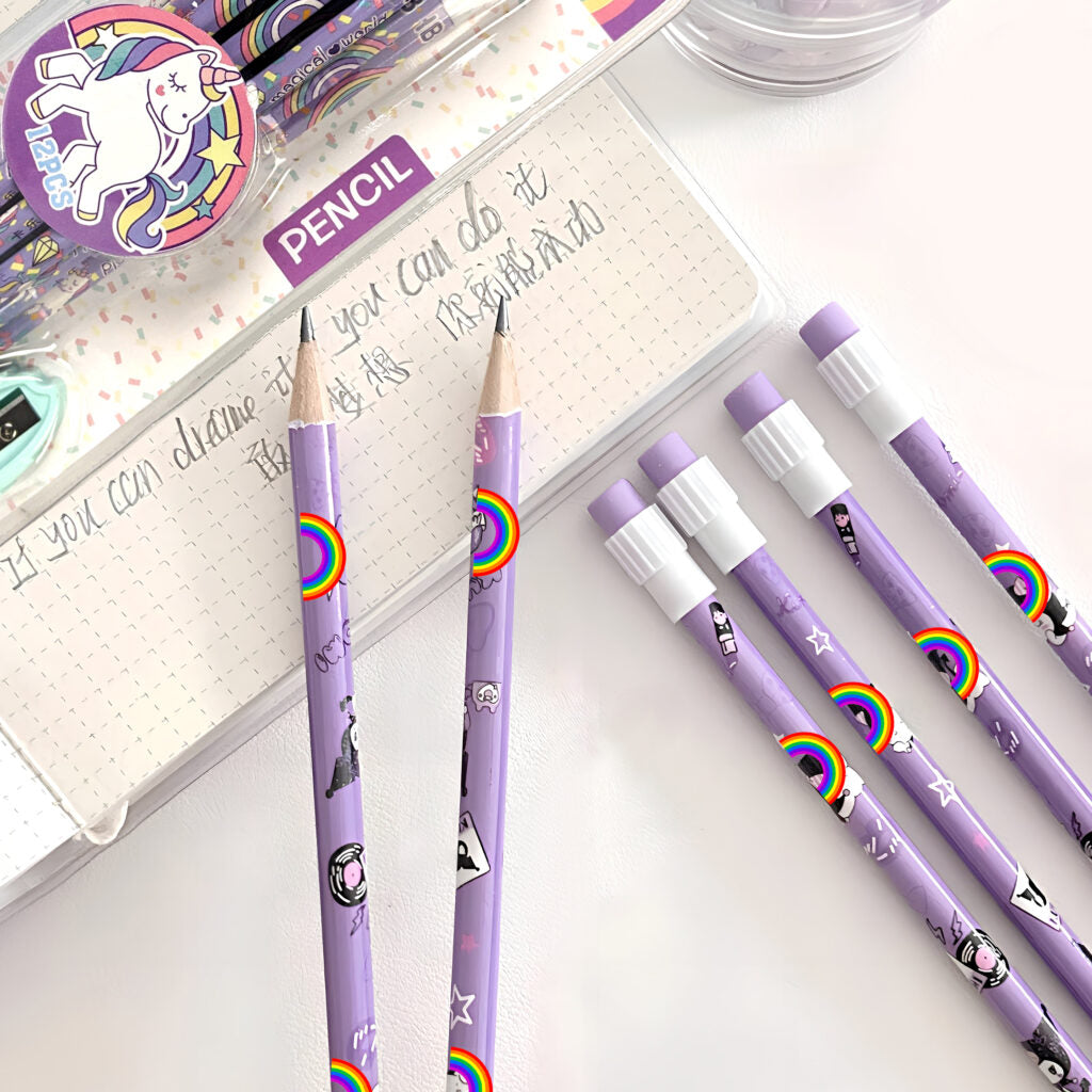 Unicorn Writing Pencils Pack of 12 with Eraser and Sharpeners