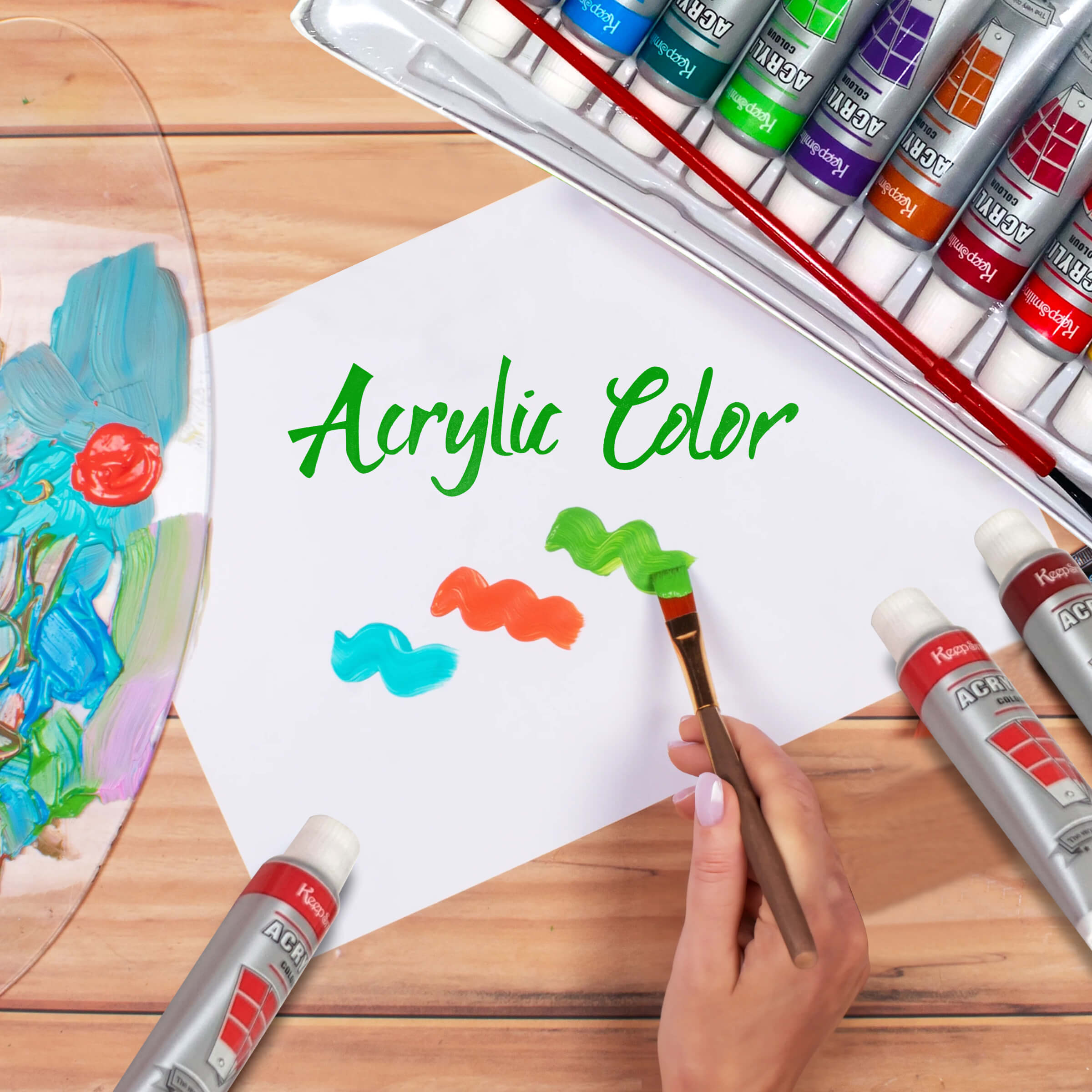 Keep Smiling Acrylic Color Set – 12 Colors with Brush