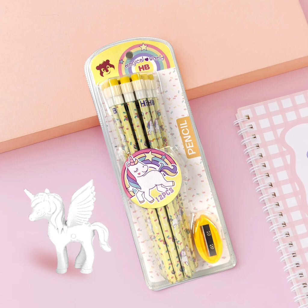 Unicorn Writing Pencils Pack of 12 with Eraser and Sharpeners