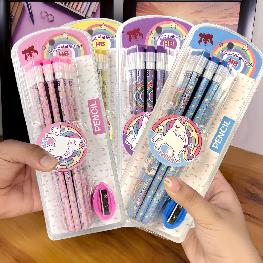 Unicorn Writing Pencils Pack of 12 with Eraser and Sharpeners