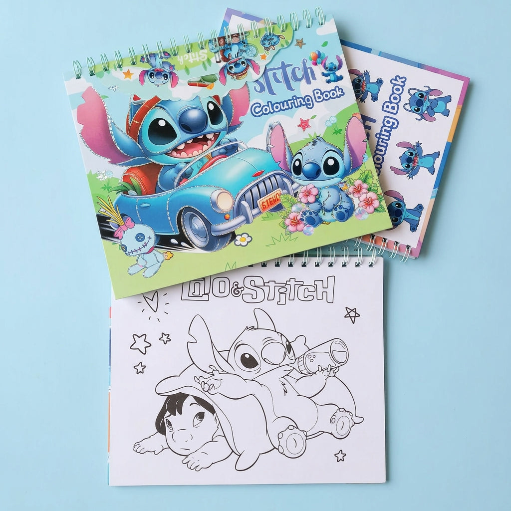 Two Lilo & Stitch coloring books on a wooden tabletop. One book is open to a black-and-white line art page of Stitch, and the other is closed, showing a colorful cover with Stitch, Angel, a blue car, flowers, and the title 'Lilo & Stitch Coloring Book'.