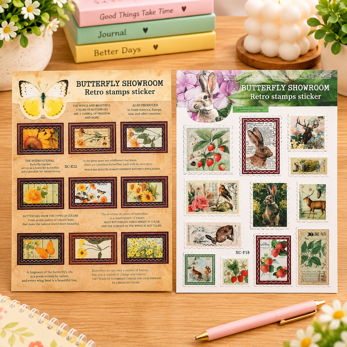 Vintage Retro Journaling Stickers – Butterfly & Nature Theme (2 Sticker Sheets in Pack)