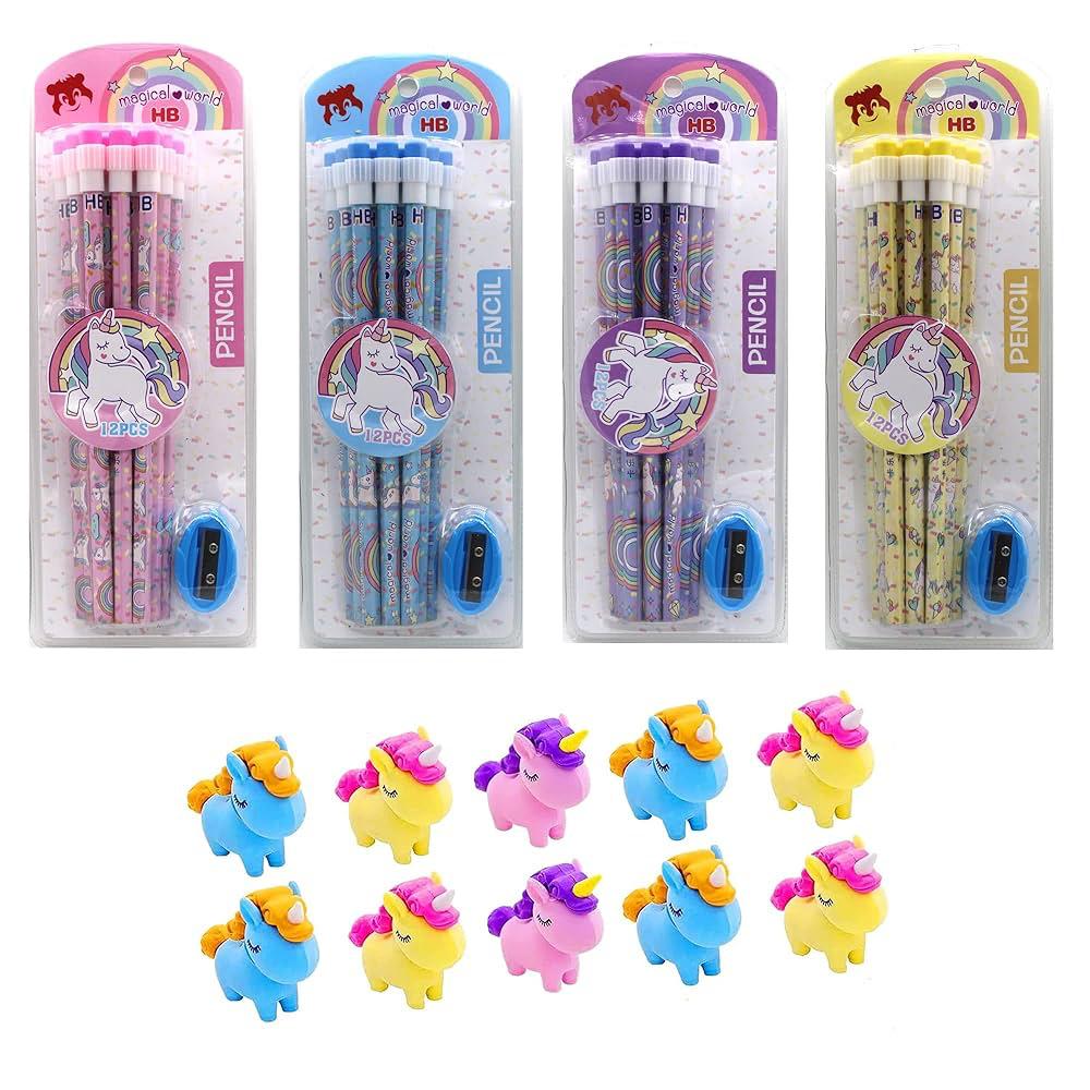 Unicorn Writing Pencils Pack of 12 with Eraser and Sharpeners